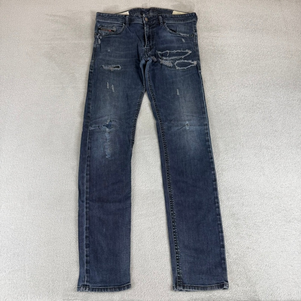 Diesel Thommer Slim Skinny Jeans Mens 33x34 Dark Blue Denim Distressed Stretch